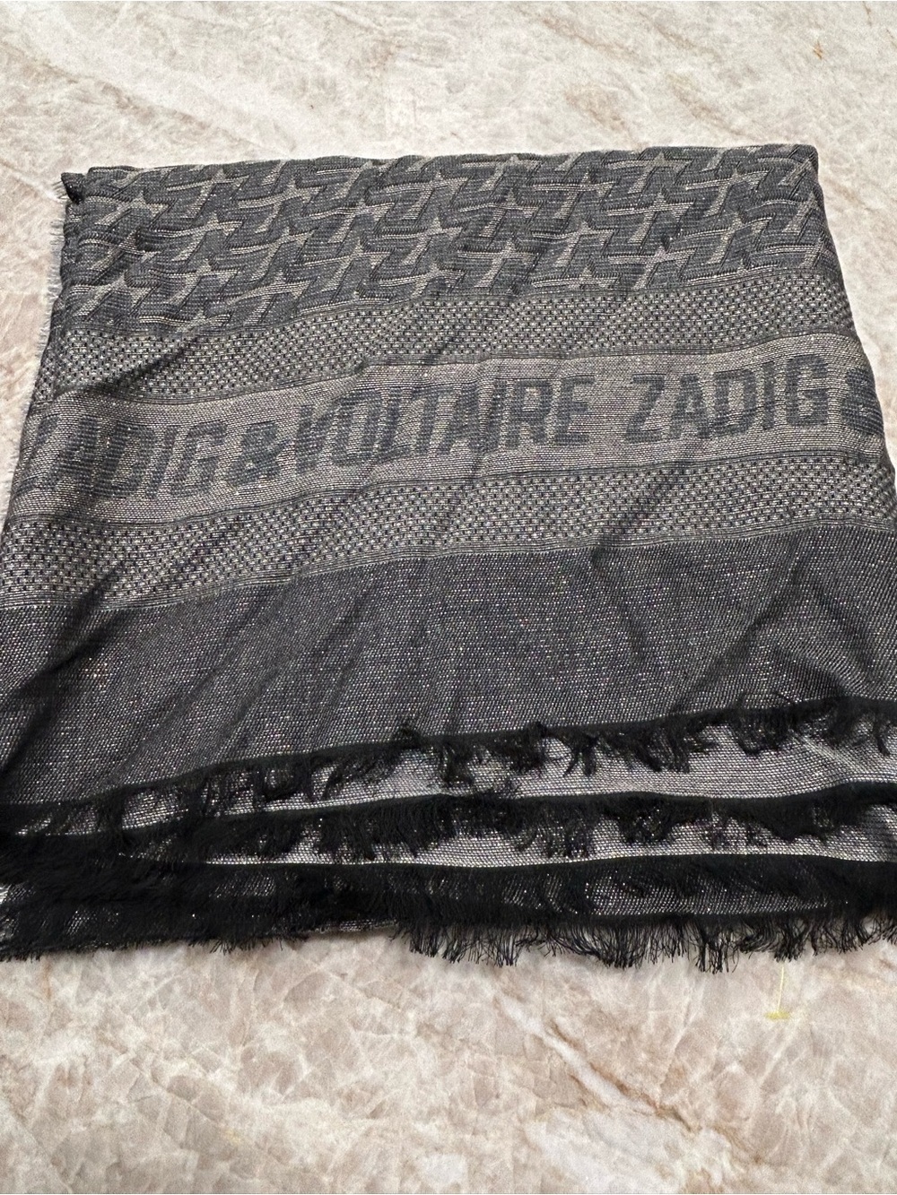 Zadig & Voltaire Glenn Monogram Scarf - Metallic Black / Charcoal 54”x54” EUC
